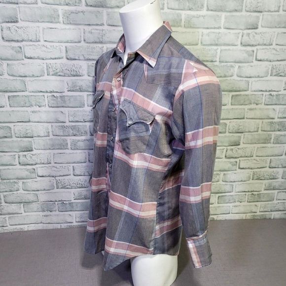 Vintage 70s H Bar C Ranchwear Mens 16-35 Lightweight Plaid Pearl Snap L/S Shirt - Picture 3 of 5